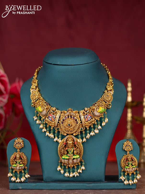 Antique enamel necklace lakshmi pendant with kemp & cz stones and pearl & mint green beads hangings