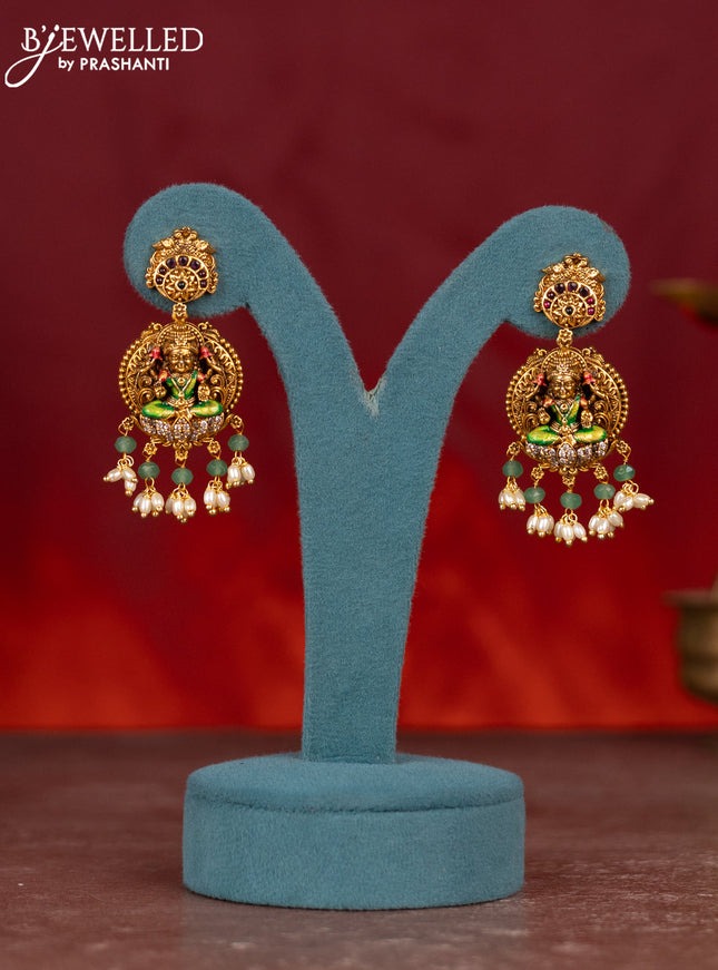 Antique enamel necklace lakshmi pendant with kemp & cz stones and pearl & mint green beads hangings