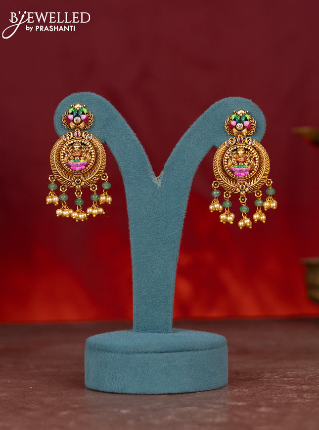Antique enamel necklace lakshmi pendant with kemp & cz stones and pearl & mint green beads hangings