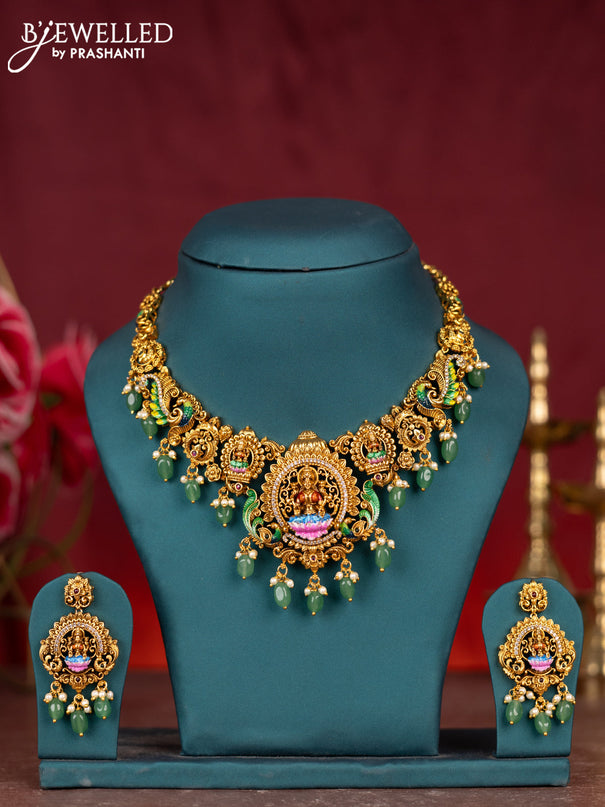 Antique enamel necklace lakshmi pendant with kemp & cz stones and pearl & mint green beads hangings