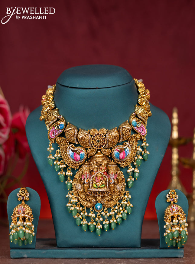 Antique enamel necklace shivan parvathi along ganesha pendant with kemp & cz stones and pearl & mint green beads hangings