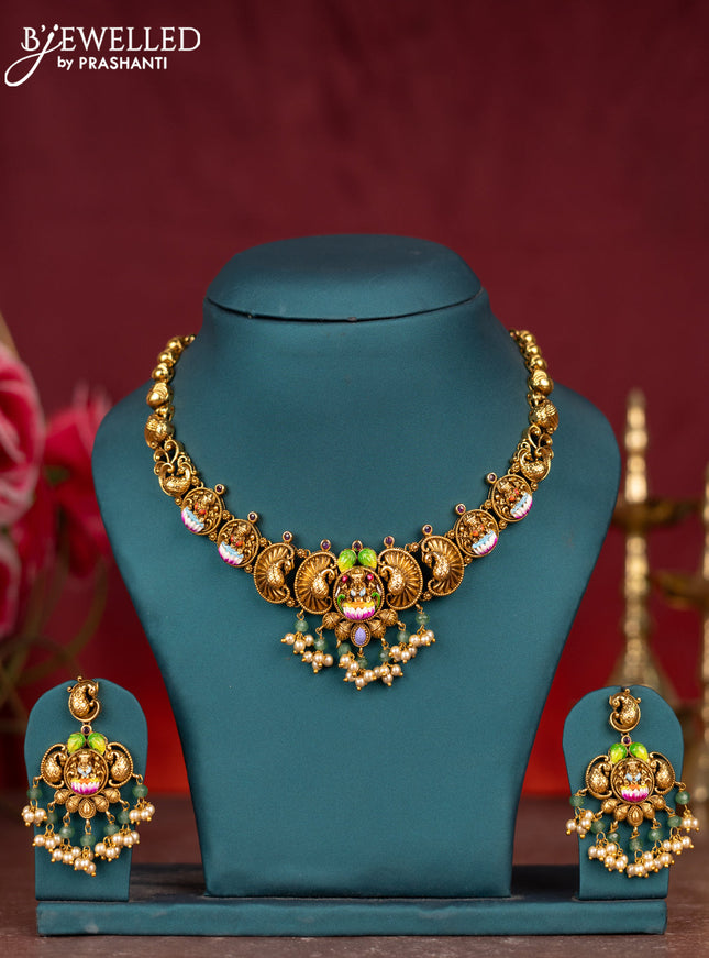 Antique enamel necklace lakshmi pendant with ruby stones and pearl & mint green beads hangings