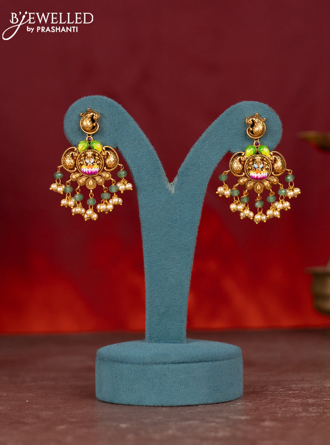 Antique enamel necklace lakshmi pendant with ruby stones and pearl & mint green beads hangings