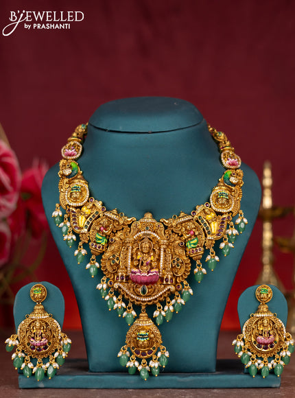Antique enamel necklace lakshmi pendant with kemp & cz stones and pearl & mint green beads hangings