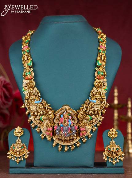 Antique enamel krishna pendant haram with cz & kemp stones and golden beads hanging