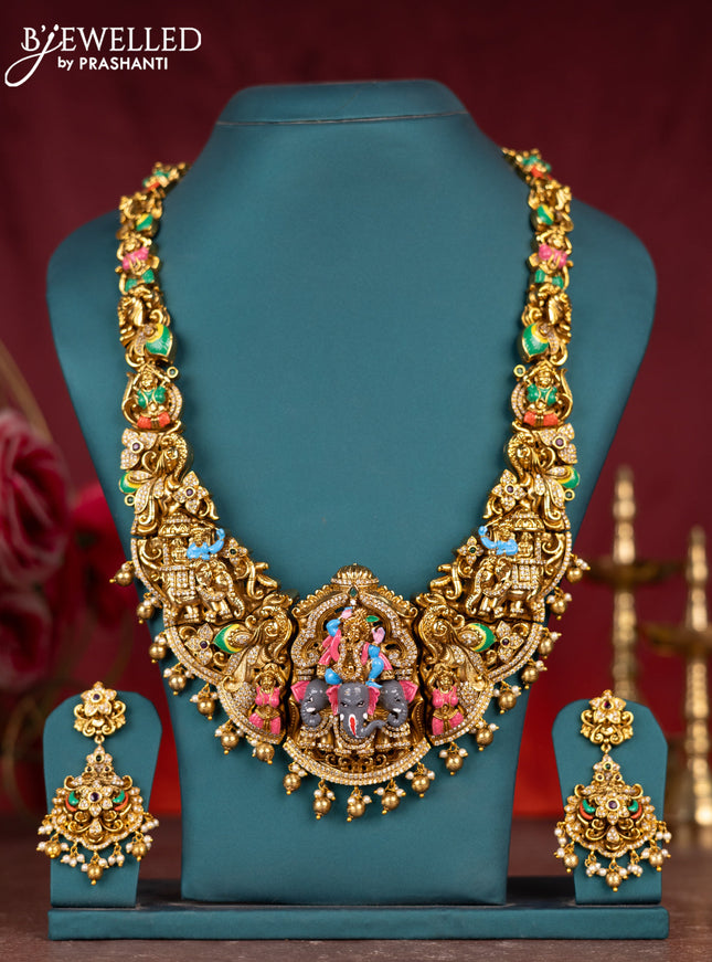 Antique enamel krishna pendant haram with cz & kemp stones and golden beads hanging