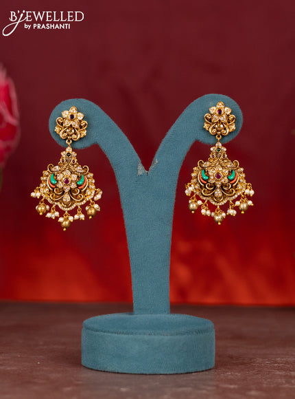 Antique enamel krishna pendant haram with cz & kemp stones and golden beads hanging
