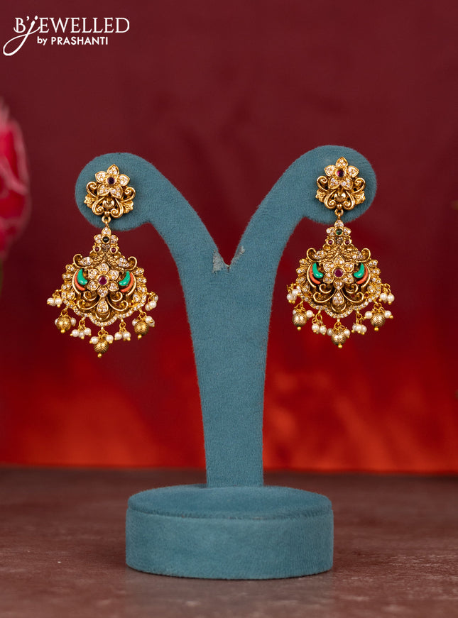 Antique enamel krishna pendant haram with cz & kemp stones and golden beads hanging