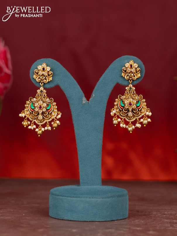 Antique enamel krishna pendant haram with cz & kemp stones and golden beads hanging