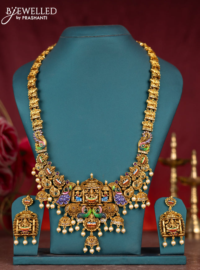Antique enamel lakshmi pendant haram with cz & kemp stones and pearl beads hanging