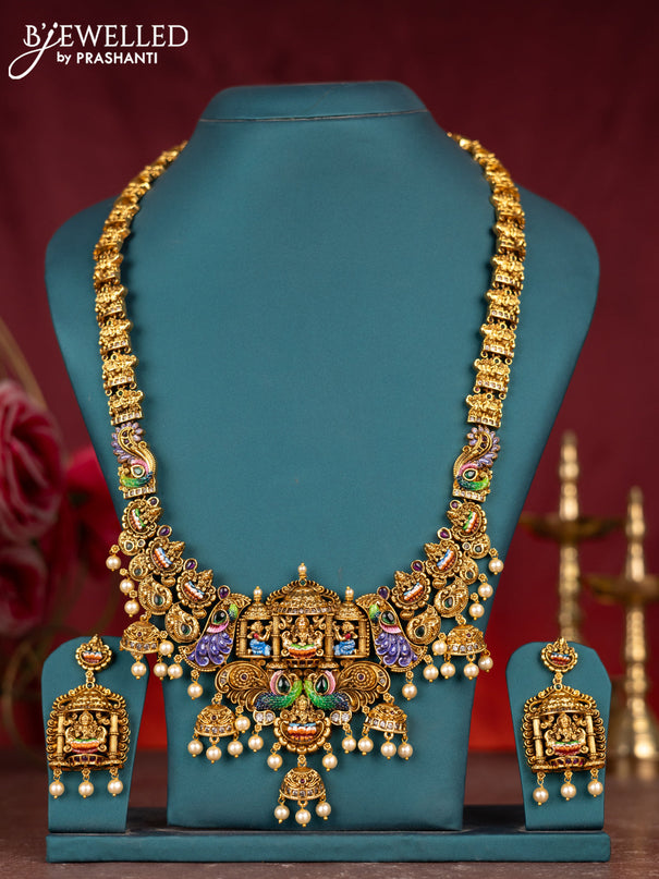 Antique enamel lakshmi pendant haram with cz & kemp stones and pearl beads hanging