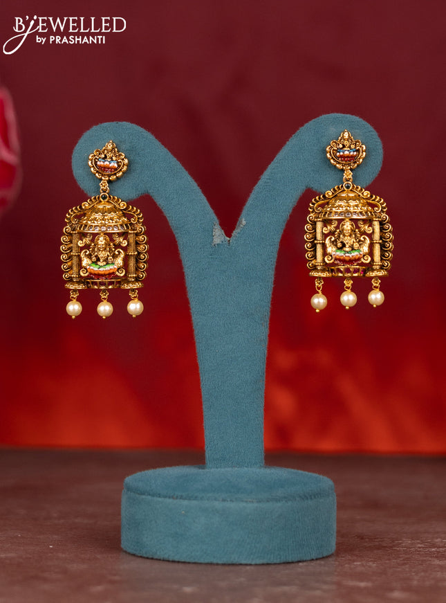Antique enamel lakshmi pendant haram with cz & kemp stones and pearl beads hanging