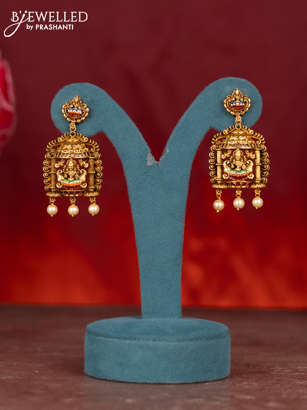 Antique enamel lakshmi pendant haram with cz & kemp stones and pearl beads hanging