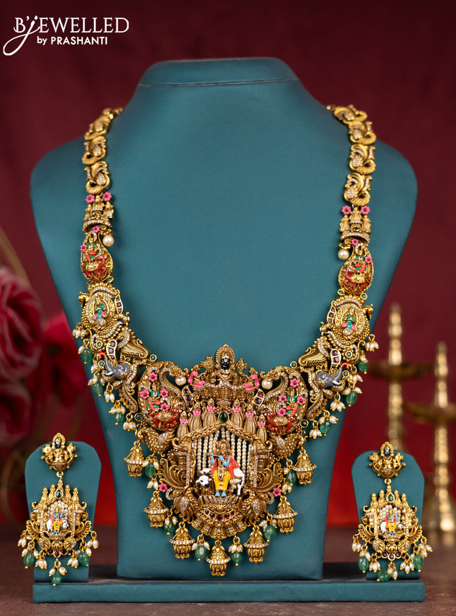 Antique enamel krishna pendant haram with cz & kemp stones and green beads hanging
