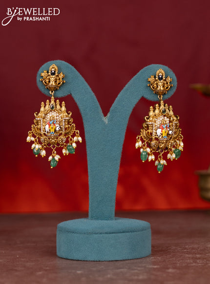 Antique enamel krishna pendant haram with cz & kemp stones and green beads hanging