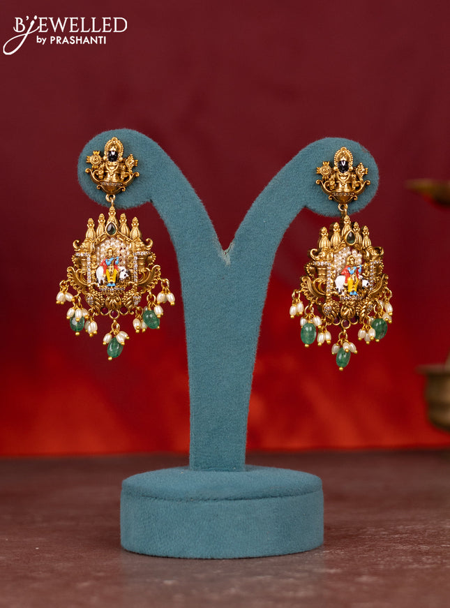 Antique enamel krishna pendant haram with cz & kemp stones and green beads hanging