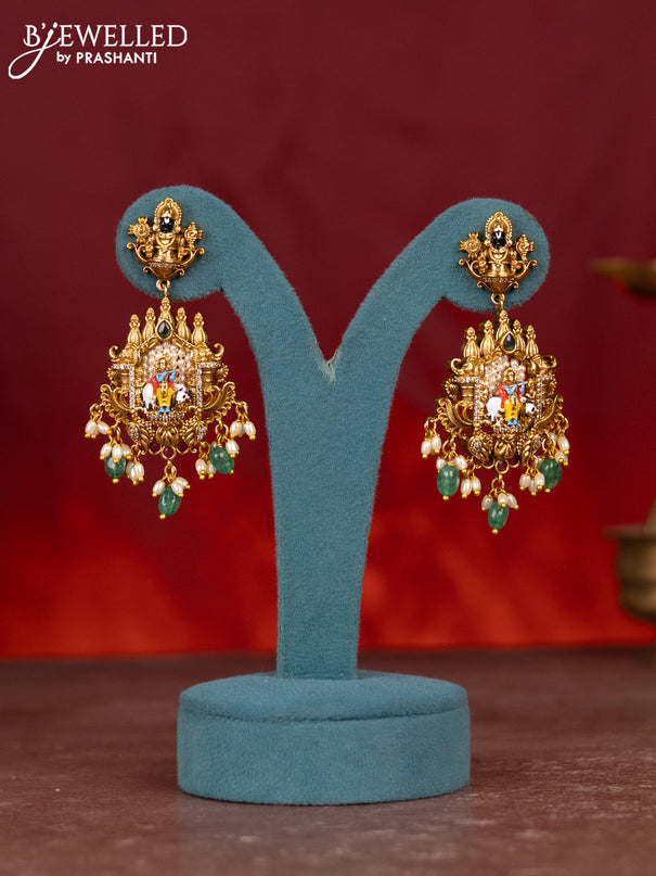 Antique enamel krishna pendant haram with cz & kemp stones and green beads hanging