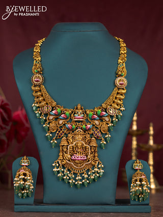 Antique enamel lakshmi pendant haram with cz & kemp stones and green beads hanging