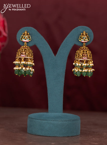 Antique enamel lakshmi pendant haram with cz & kemp stones and green beads hanging