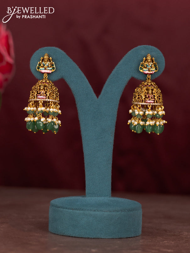 Antique enamel lakshmi pendant haram with cz & kemp stones and green beads hanging