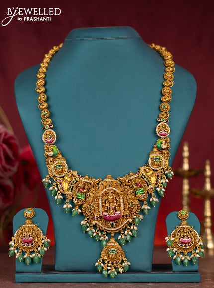 Antique enamel lakshmi pendant haram with kemp stones and green beads & pearl hanging