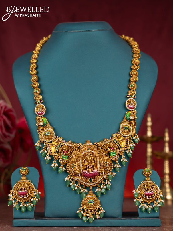 Antique enamel lakshmi pendant haram with kemp stones and green beads & pearl hanging