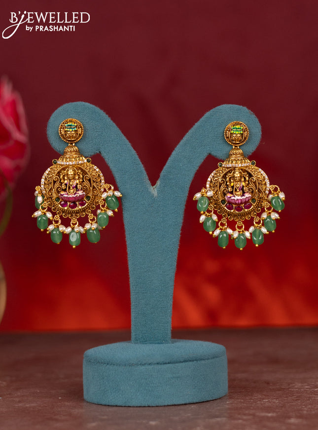 Antique enamel lakshmi pendant haram with kemp stones and green beads & pearl hanging
