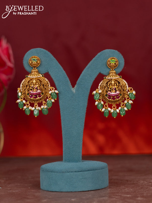 Antique enamel lakshmi pendant haram with kemp stones and green beads & pearl hanging