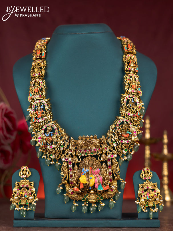 Antique enamel ramar pendant and dhasavatharam haram with jadau kundan stones and green beads & pearl hanging