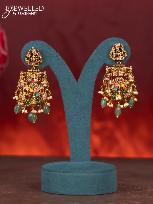 Antique enamel ramar pendant and dhasavatharam haram with jadau kundan stones and green beads & pearl hanging