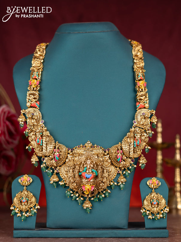 Antique enamel ganesha pendant haram with kemp stones and green beads & pearl hanging