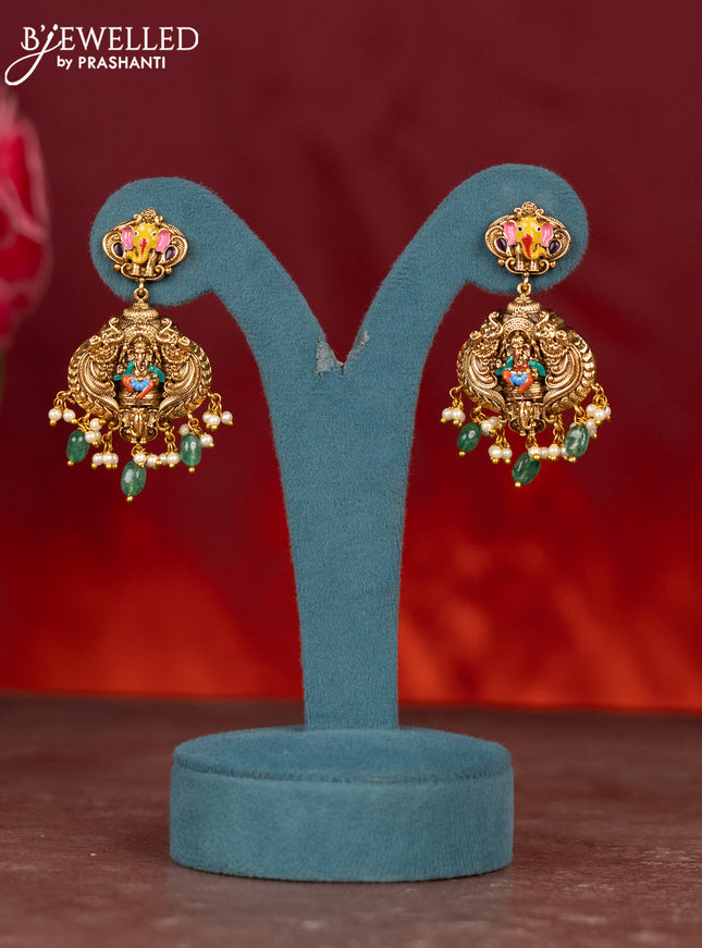 Antique enamel ganesha pendant haram with kemp stones and green beads & pearl hanging