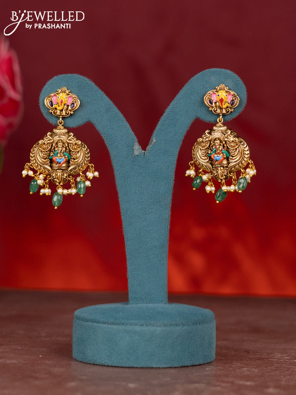 Antique enamel ganesha pendant haram with kemp stones and green beads & pearl hanging