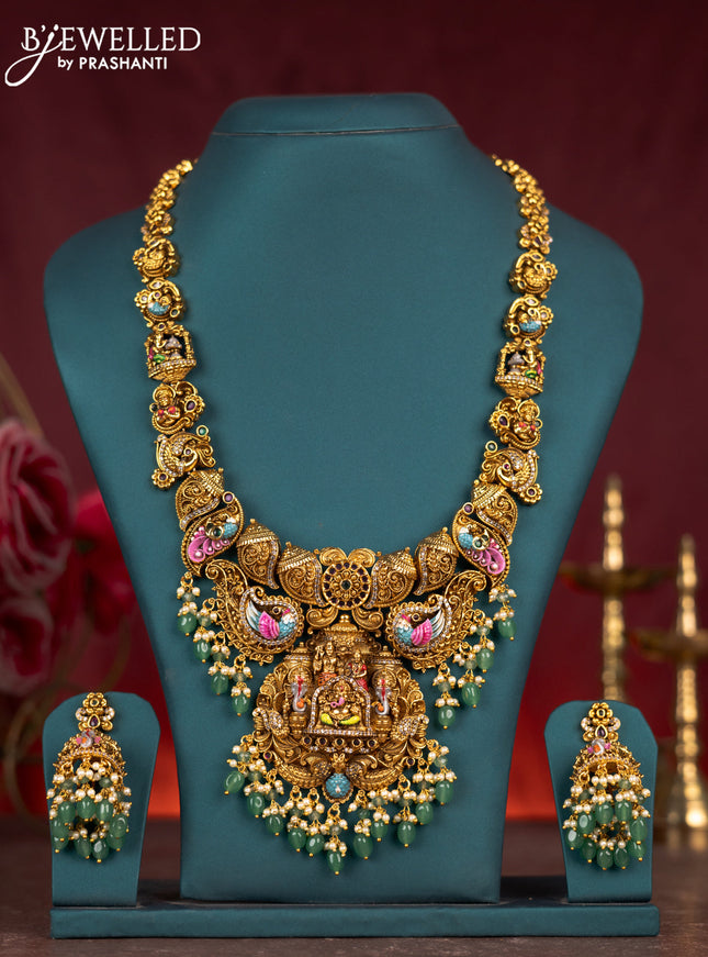 Antique enamel ganesha pendant haram with kemp & cz stones and green beads & pearl hanging