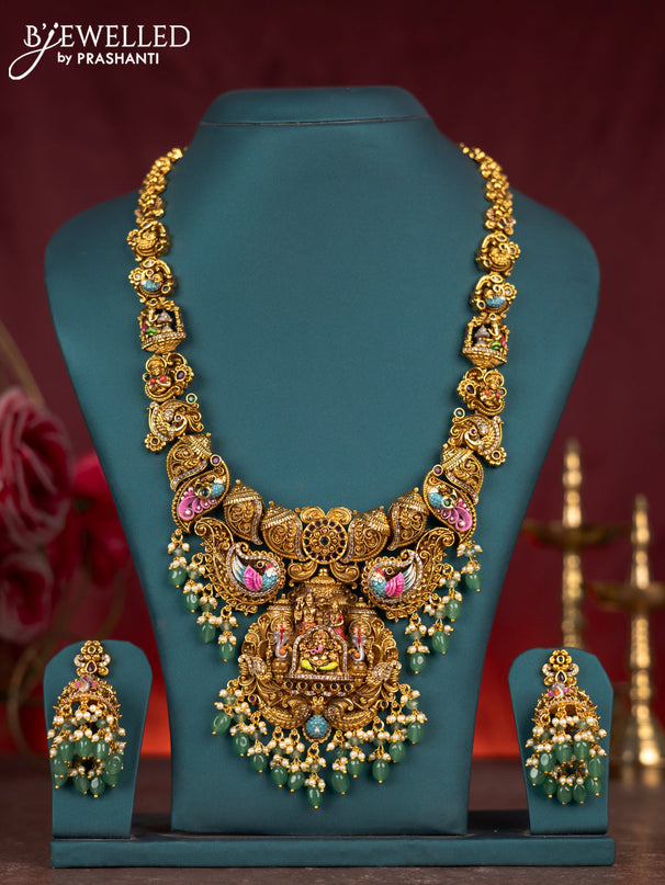 Antique enamel ganesha pendant haram with kemp & cz stones and green beads & pearl hanging