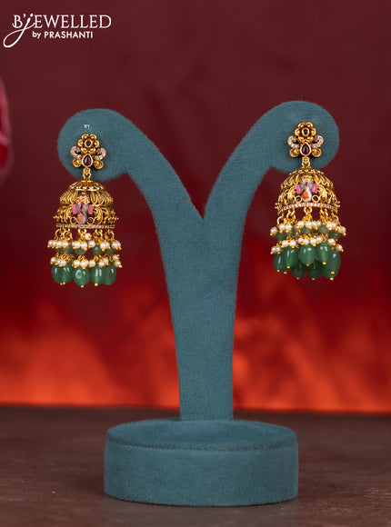 Antique enamel ganesha pendant haram with kemp & cz stones and green beads & pearl hanging