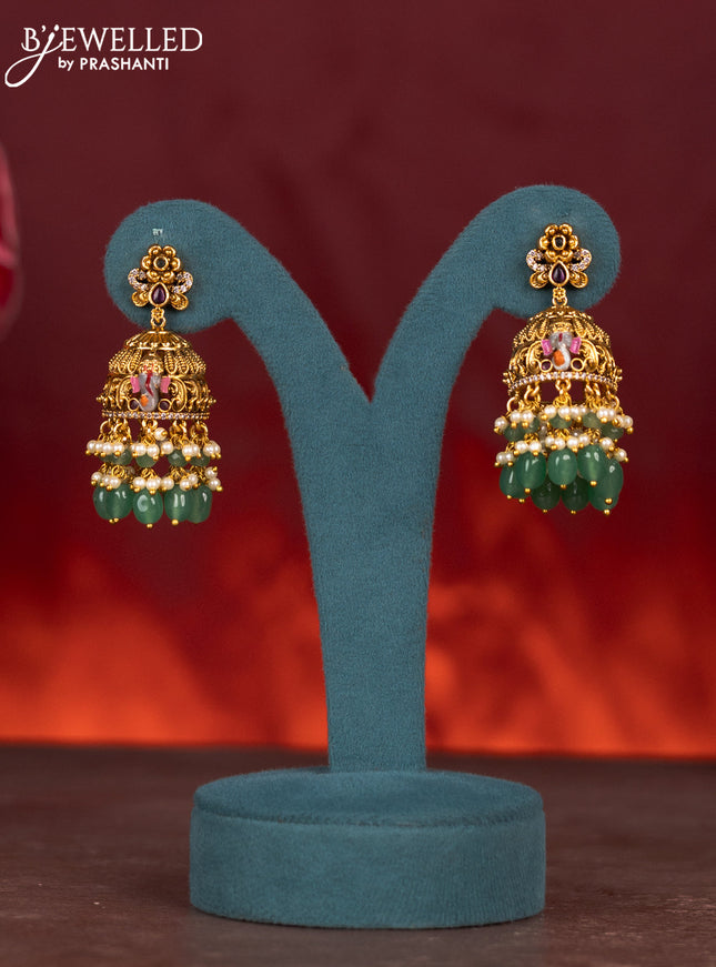 Antique enamel ganesha pendant haram with kemp & cz stones and green beads & pearl hanging