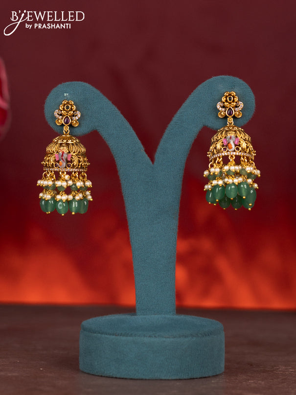 Antique enamel ganesha pendant haram with kemp & cz stones and green beads & pearl hanging