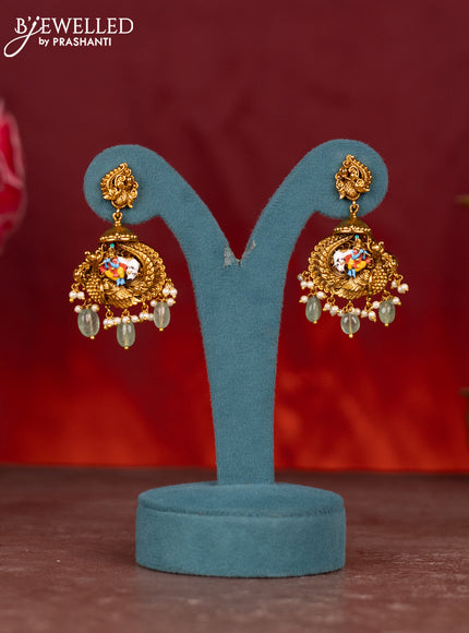 Antique enamel lakshmi pendant haram with kemp stones and green beads & pearl hanging