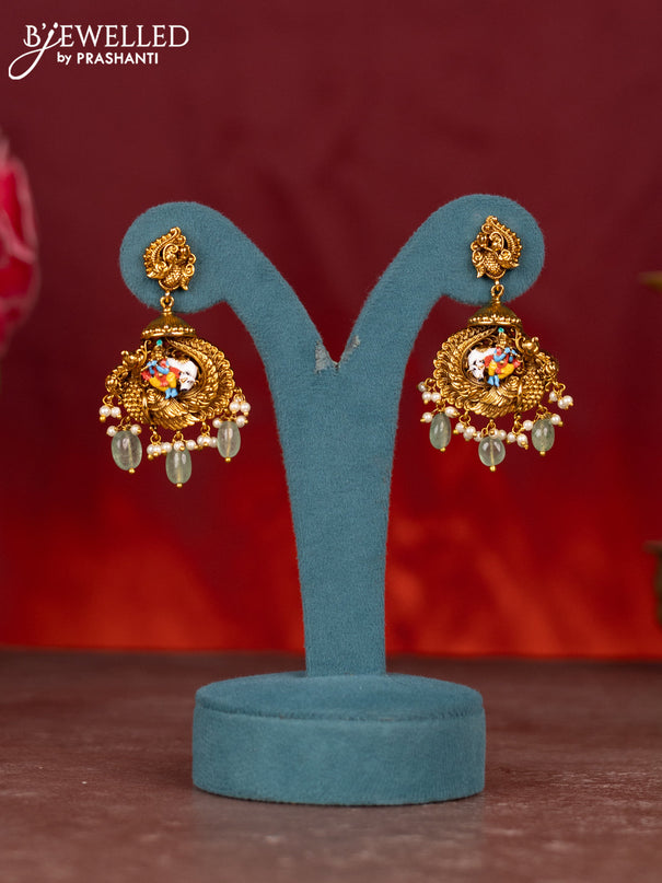 Antique enamel lakshmi pendant haram with kemp stones and green beads & pearl hanging