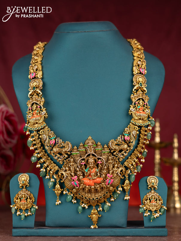 Antique enamel lakshmi pendant haram with kemp & cz stones and green beads & pearl hanging