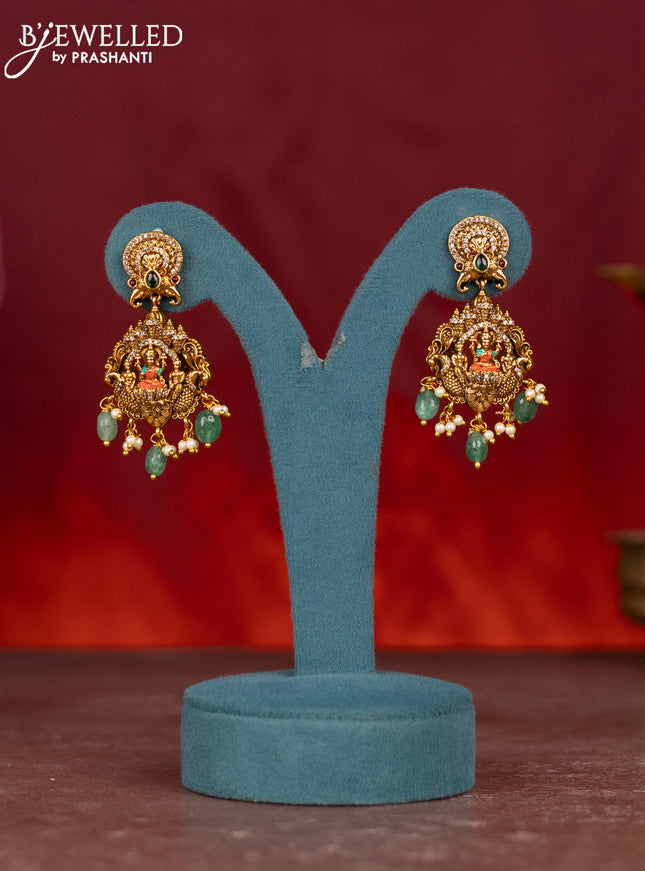 Antique enamel lakshmi pendant haram with kemp & cz stones and green beads & pearl hanging
