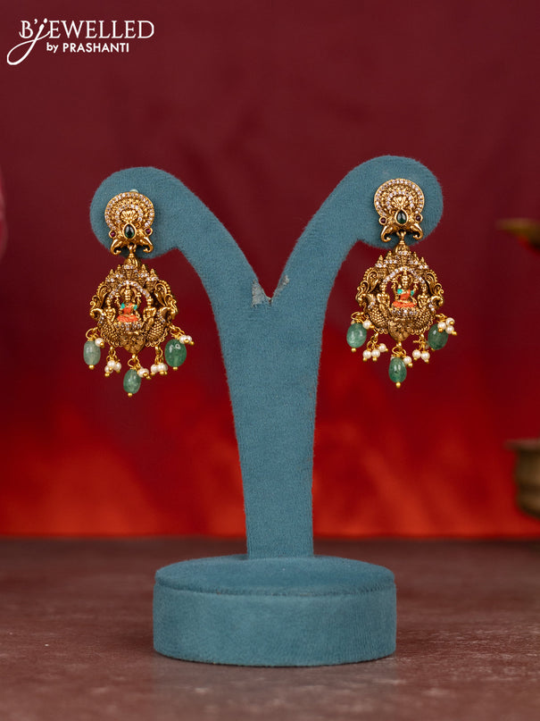 Antique enamel lakshmi pendant haram with kemp & cz stones and green beads & pearl hanging