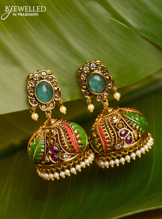 Antique enamel jhumka leaf design and kemp stones and pearl & golden beads hanging