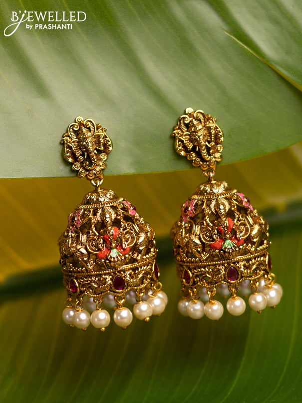 Antique enamel jhumka with ganesh & lakshmi design and pearl hanging