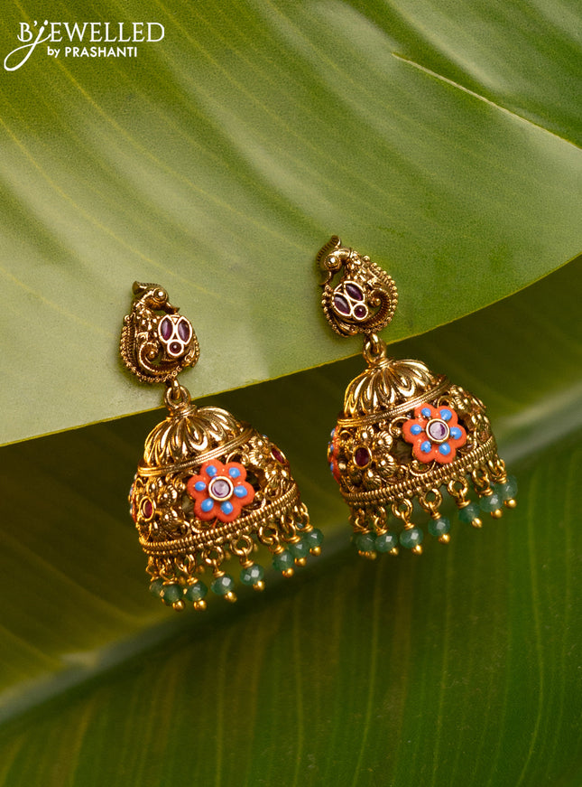 Antique enamel jhumka floral design and kemp stones green beads hanging
