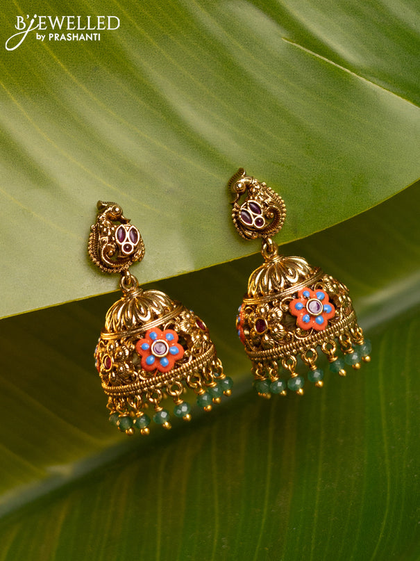 Antique enamel jhumka floral design and kemp stones green beads hanging