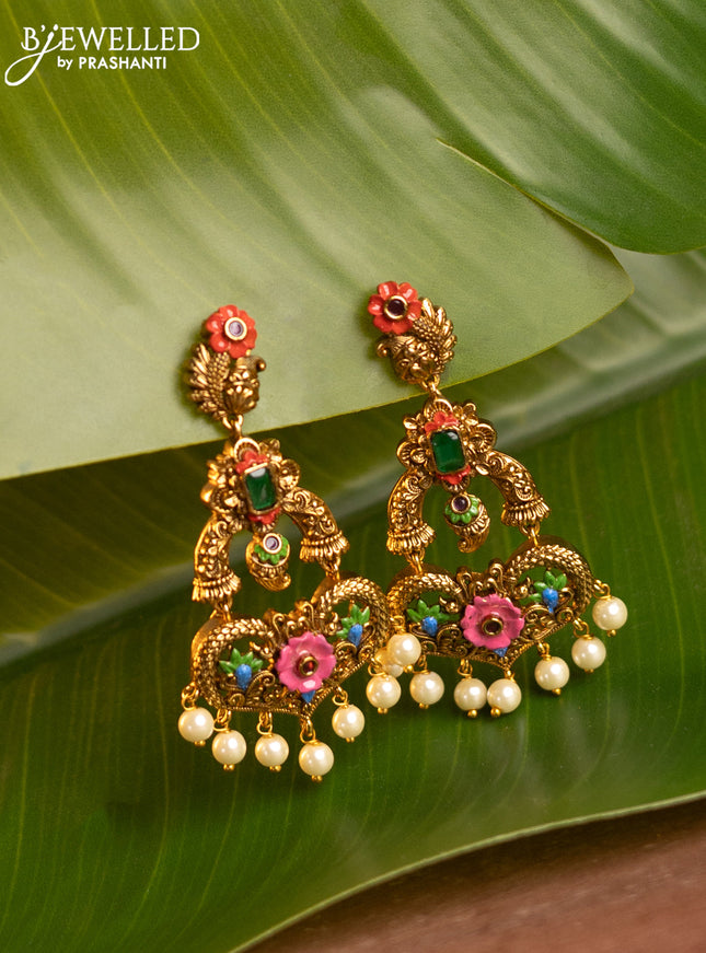 Antique enamel earring floral design and pearl hanging