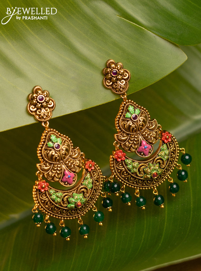 Antique enamel earring floral design and green beads hanging