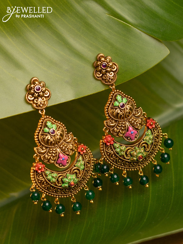 Antique enamel earring floral design and green beads hanging